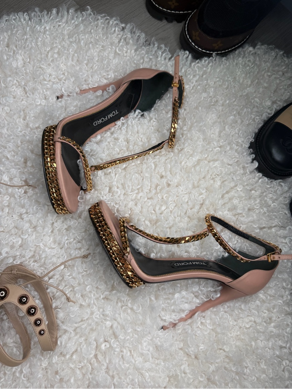 Tom Ford Blush Pink Gold-Chain Ankle-Strap Heels